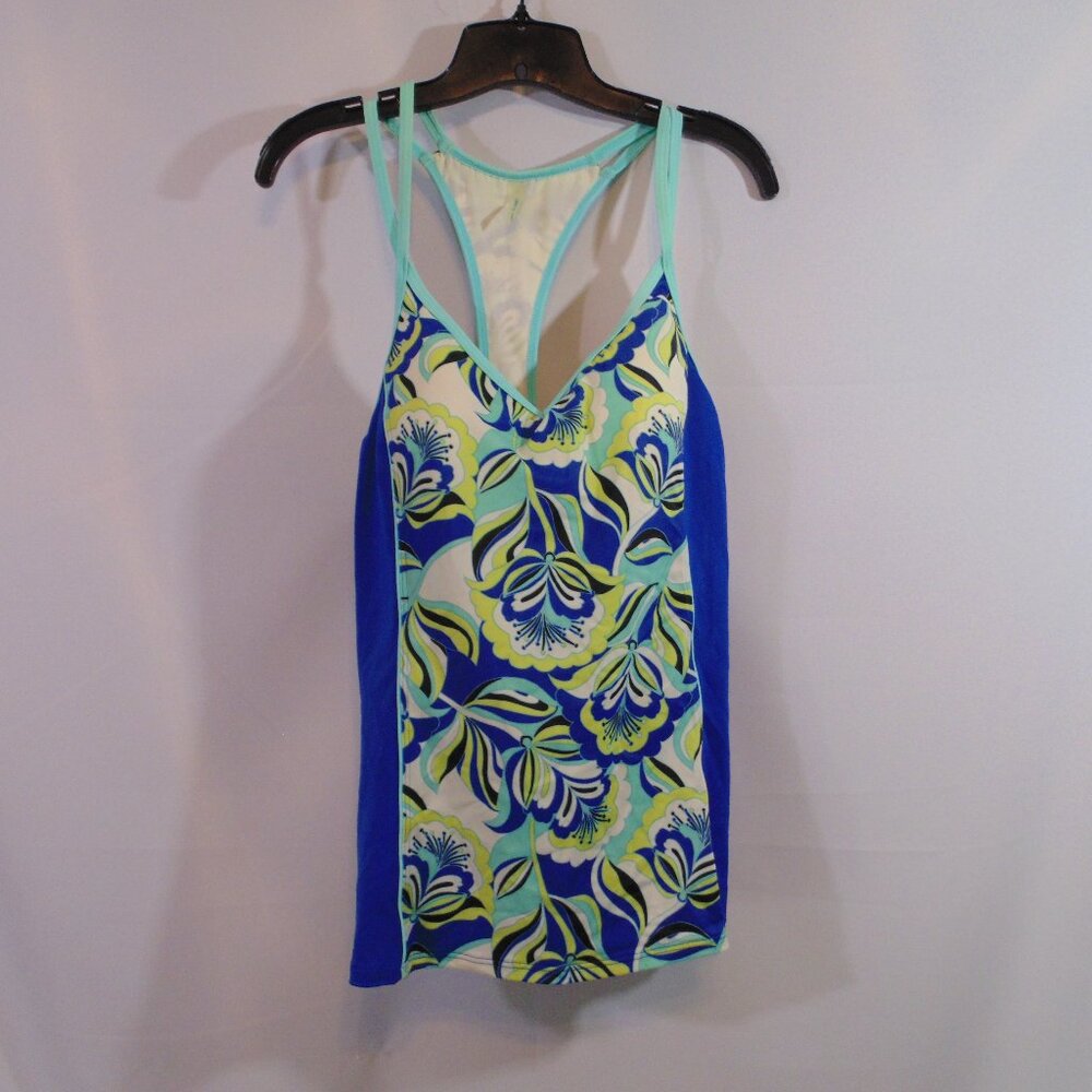 LAND'S END Blue/Yellow/Green Floral Print Tankini Top W Built-in Bra; Sz 16